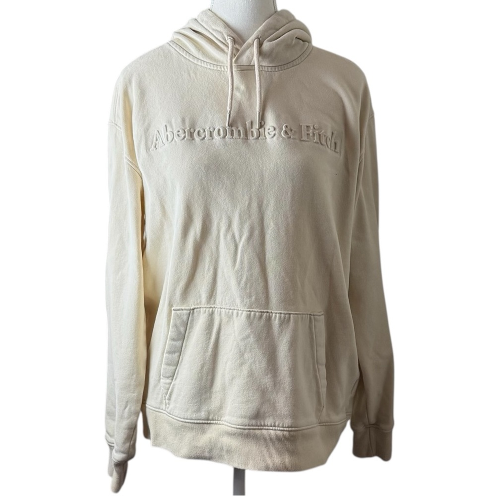 Abercrombie & Fitch Logo Hoodie Women’s M Cream Embossed Fleece Pullover‎